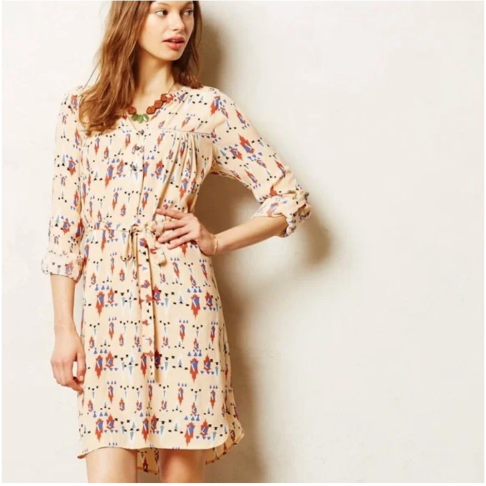 New Anthropologie Wanderlust Boho Aztec Print Embroidered Belted Shirt Dress